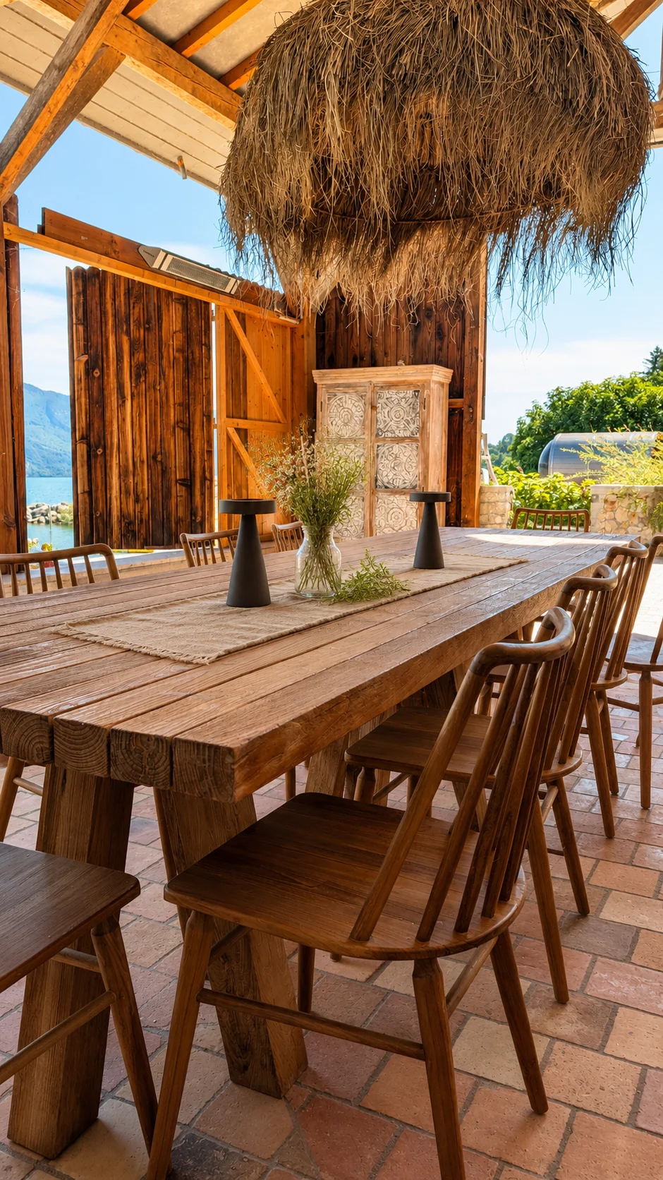 La grande table de travail sous la charpente face au lac